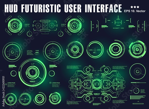 Futuristic green virtual graphic touch user interface, target, hud dashboard display virtual reality technology