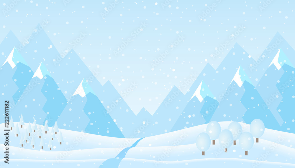 Flat design illustration of winter mountain landscape with hills, trees under blue sky and snow, suitable as Christmas or New Year greeting card