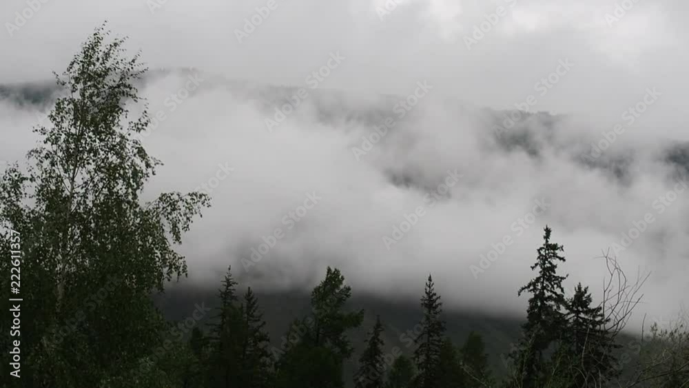 Morning in the highlands. Fog crawling on the mountainside over the treetops. Morning in the highlands. Fog crawling on the mountainside over the treetops.