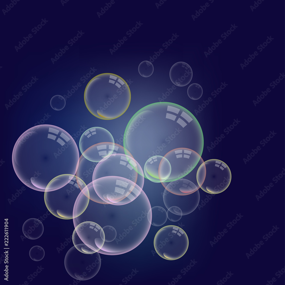 Isolated colorful realistic shampoo bubbles with a reflection of a transparent dark background.