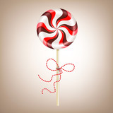 Bright round striped red brown lollipop with decorative cord. Berry and chocolate candy on a stick. Realistic 3D Vector illustration on light background.