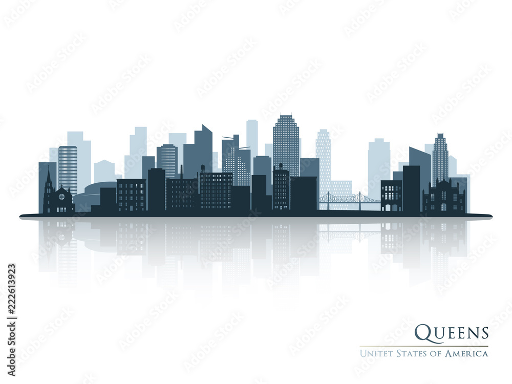 Queens, New York blue skyline silhouette with reflection. Vector illustration.