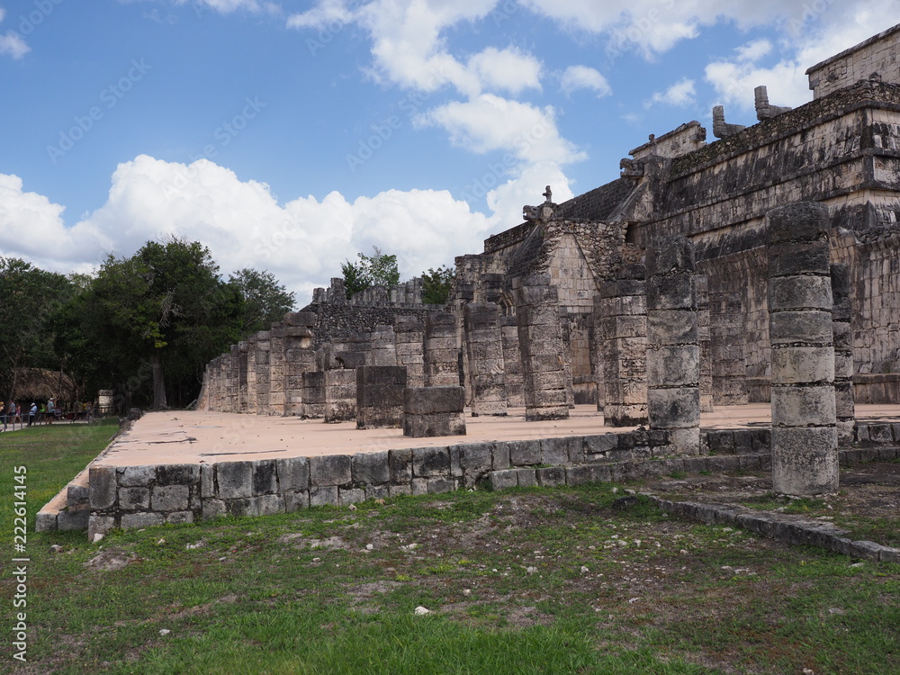 Fantastic side of famous platform of Temple of Warriors at Chichen Itza city in Mexico on February