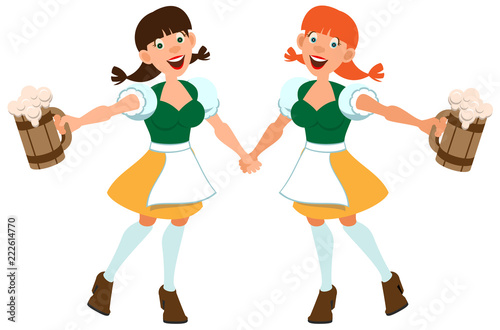 Two German girl hold beer in wooden mug. Oktoberfest holiday