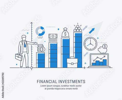 


Flat line-art illustration of financial investment, market research, analysis, planning, business management, strategy, business success. Concept for web banners and printed materials.