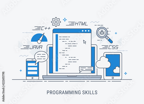 Programming and coding skills. Development and debugging. Flat modern line-art vector illistration.