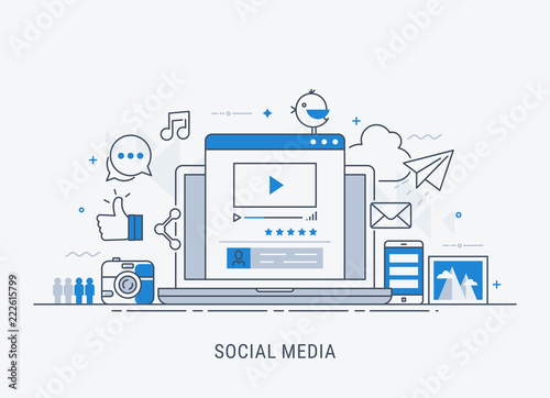 Computer, global networks and social media concept. Flat modern line-art vector illistration.
