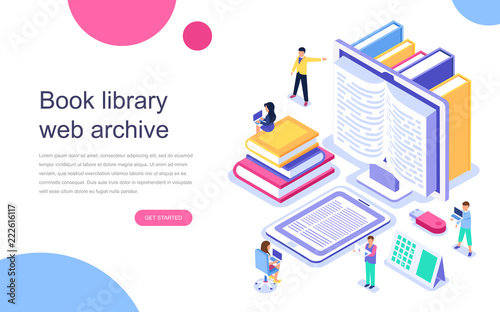 Modern flat design isometric concept of Book Library for banner and website. Landing page template. Technology and literature, digital culture on media library. Vector illustration.
