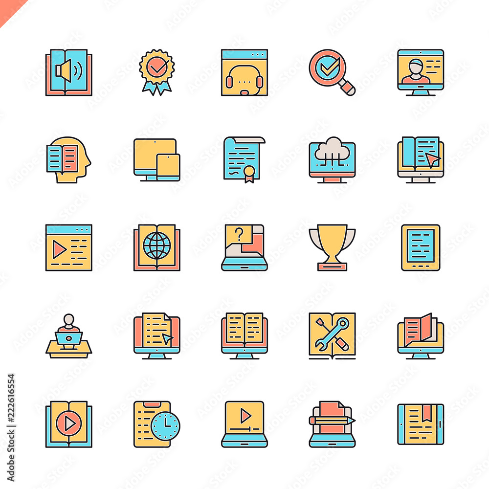 Flat line e-learning, online education elements icons set for website and mobile site and apps. Outline icons design. 48x48 Pixel Perfect. Linear pictogram pack. Vector illustration.