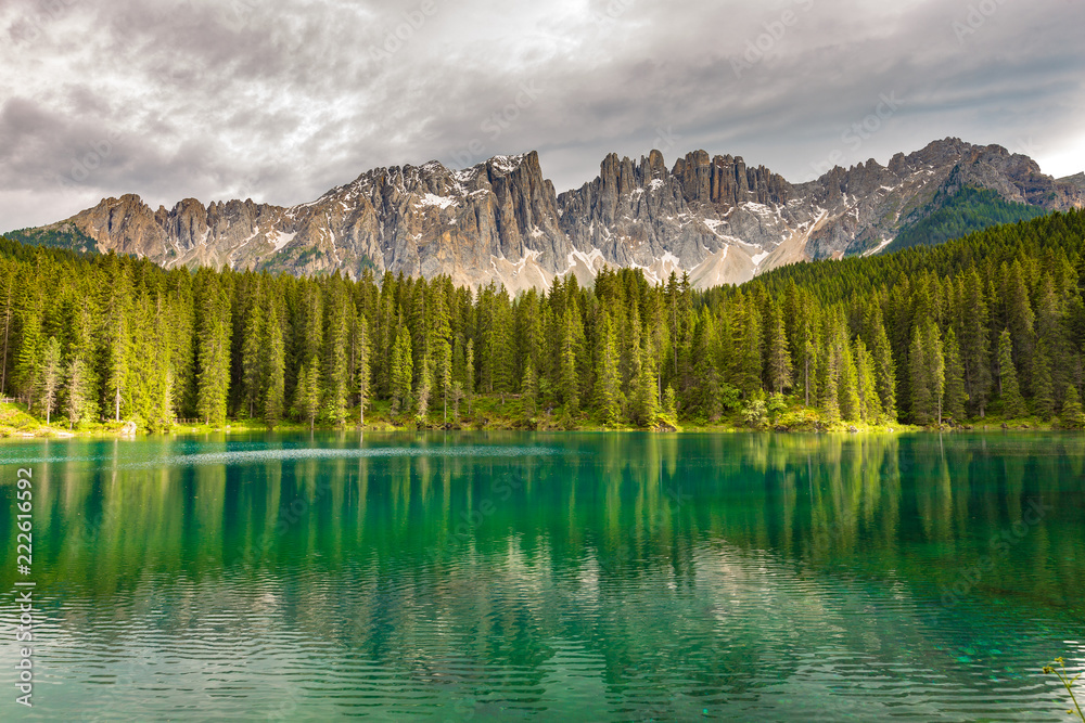 Lake Karersee (Lago di Carezza), South Tyrol, Italy.