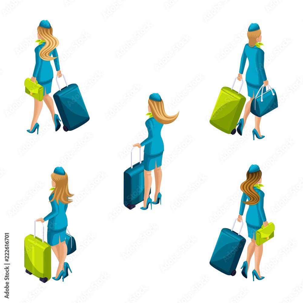 Isometry of the stewardess with luggage goes aboard the ship. Set of flight attendants back view