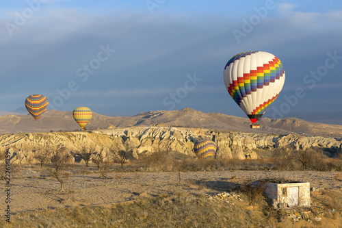 Balloons fly over Cappadocia, Turkey.