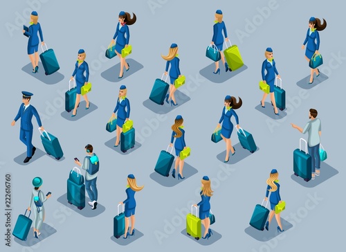 Isometry of passengers, stewardess girl, pilots, recruitment of people at the international airport. People hurry with suitcases, front view back view