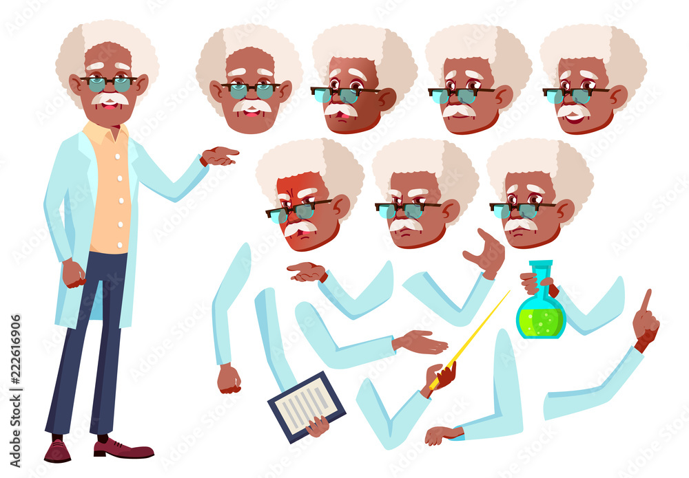 Old Man Vector. Senior Person. Black. Afro American. Aged, Elderly People.  Scientist, Doctor. Face Emotions, Various Gestures. Animation Creation Set.  Isolated Flat Cartoon Character Illustration Stock Vector | Adobe Stock