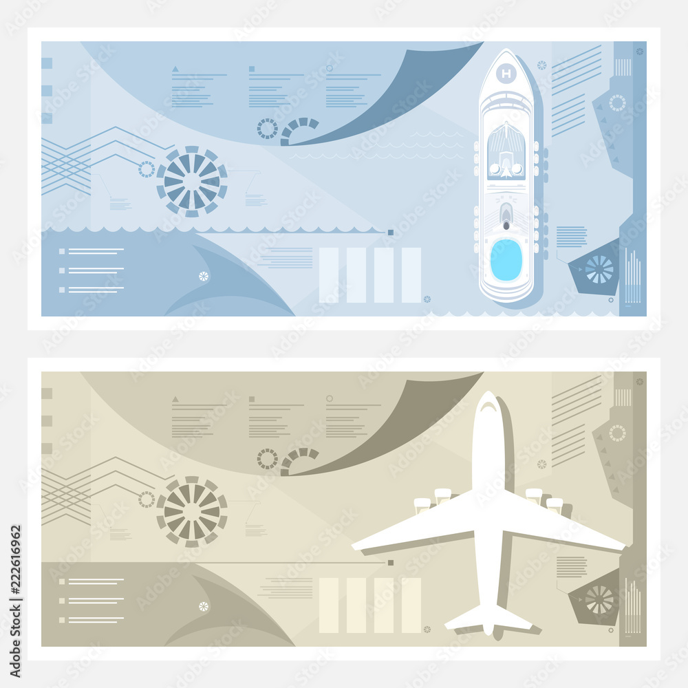 Airport and Seaport Banner, Cruise Ship at Sea, Plane on the Runway, Tourism and Travel Infographic Concept, Vector Illustration