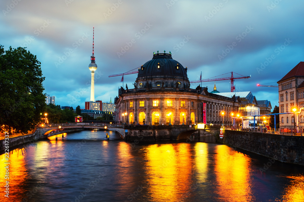 Museum island on Spree river and Alexanderplatz TV tower in Berlin, Germany