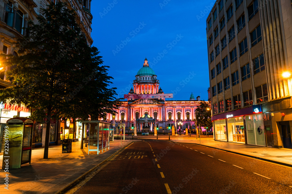 Nightlife with city hall in Belfast, UK