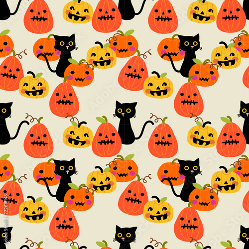 Cute black cat and Halloween pumpkin seamless pattern.