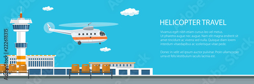 Helicopter Takes Off from the Airport Banner , Control Tower and Helicopter , Travel and Tourism Concept , Air Transportations, Vector Illustration