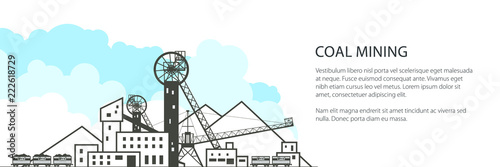 Coal Mine Banner, Complex Industrial Facilities with Spoil Tip and with Rail Cars, Coal Industry, Poster Brochure Flyer Design, Vector Illustration
