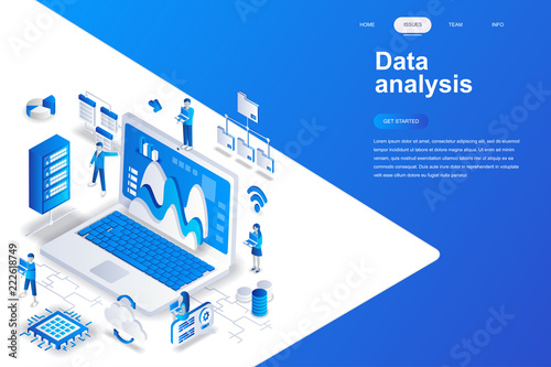 Data analysis modern flat design isometric concept. Analytics and people concept. Landing page template. Conceptual isometric vector illustration for web and graphic design.