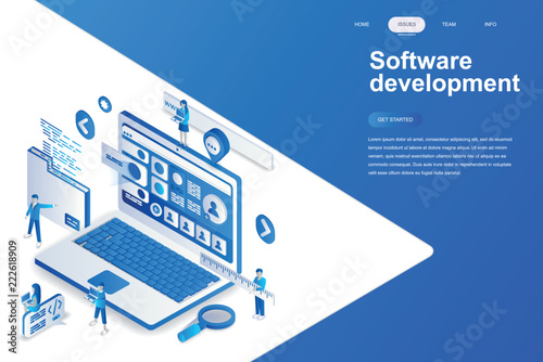 Software development modern flat design isometric concept. Developer and people concept. Landing page template. Conceptual isometric vector illustration for web and graphic design.