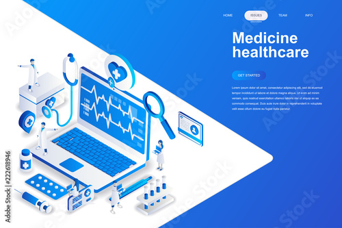 Medicine and healthcare modern flat design isometric concept. Pharmacy and people concept. Landing page template. Conceptual isometric vector illustration for web and graphic design.