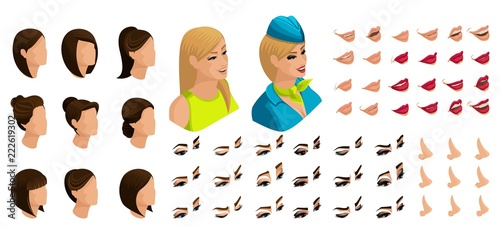 Isometry of the stewardess girl with a set of emotions for the creation of her character. A large set of lips, hair, eyes, nose. Beauty Facial Designer set 5