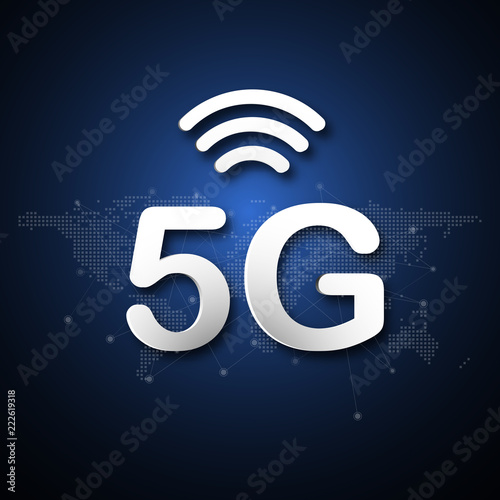 5G cellular mobile communication abstract background with global network line dot link transmission. Digital transformation and technology concept. Massive future device connection high speed internet