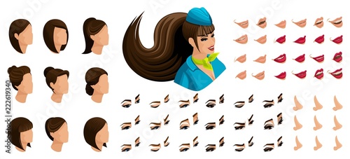 Isometry of the stewardess girl with a set of emotions for the creation of her character. A large set of lips, hair, eyes, nose. Beauty Facial Designer set 4