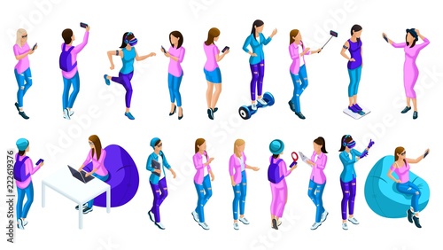 Isometrics of teenage girls, modern bright design, a large set of girls of generation Z, play, make selfies, to take to oneself, social networks, gadgets