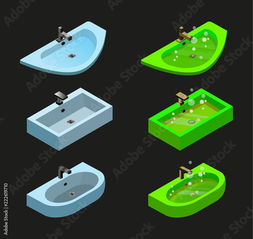 isometric clean and clogged sink isolated icons, bright green dirty ceramic wash basin with messy water and bubbles, sanitation service infographic elements collection