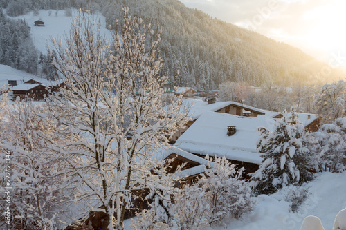 Sunset in winter in small village