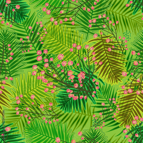 cool vibrant overlapping pattern tile with forest leaves and blossoms. botanical seamless pattern tile for textile, fabric, backgrounds, decor, wallpapers, backdrops and creative surface designs