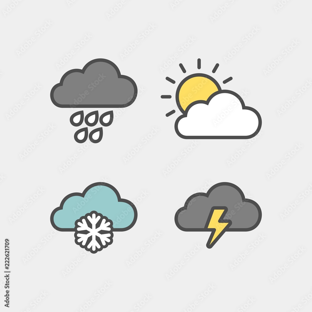 Weather icons set. Rain, sun, snow, storm flat vector icons Weather icons set. Rain, sun, snow, storm flat vector icons
