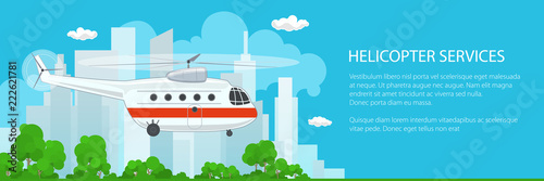 Banner Air Transportations, Helicopter on the Background of the City Flies to the East and Text , Vector Illustration