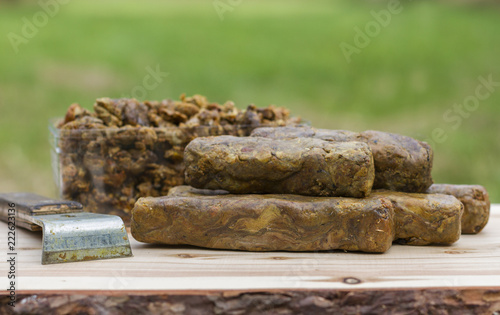 Bild auf Leinwand Propolis collected and shaped into cubes on a wooden background