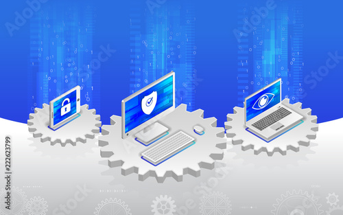 Internet security concept. Privacy protection antivirus hack. Flat 3d isometric illustration. Cyber crime and data protection with computer, laptop and tablet.