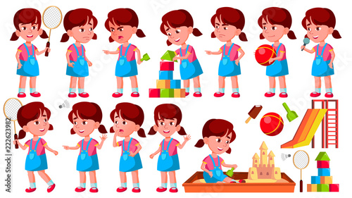 Girl Kindergarten Kid Poses Set Vector. Preschool. Young Person. Cheerful. For Web, Brochure, Poster Design. Isolated Cartoon Illustration