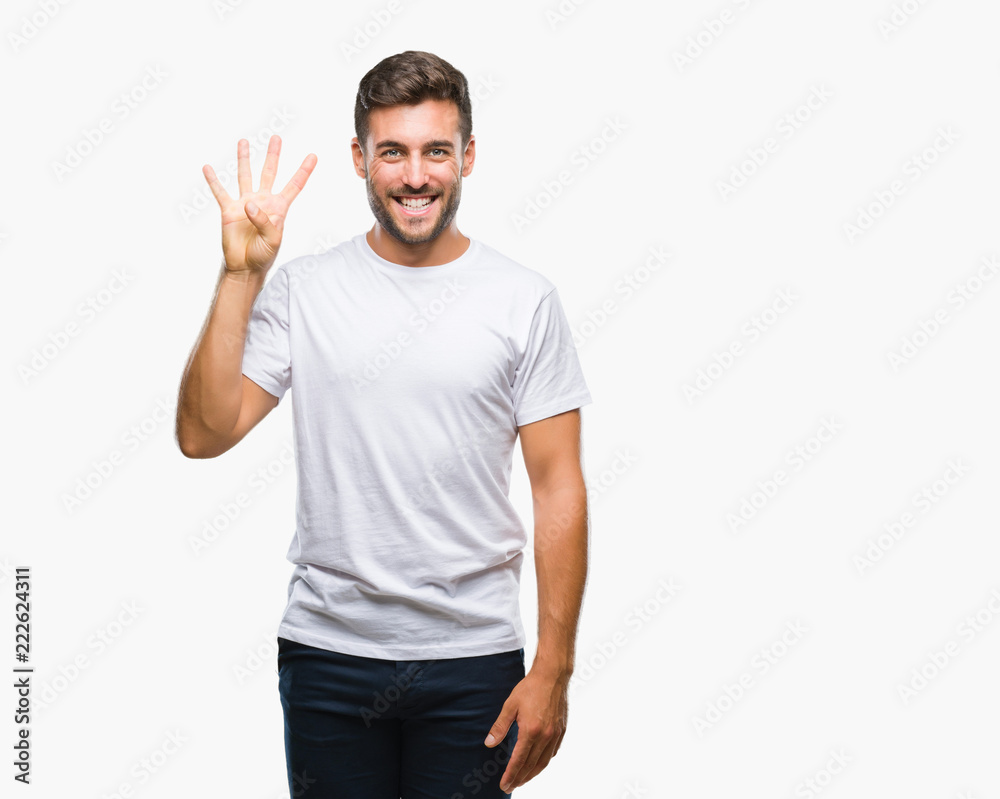 Young handsome man over isolated background showing and pointing up with fingers number four while smiling confident and happy. Young handsome man over isolated background showing and pointing up with fingers number four while smiling confident and happy.