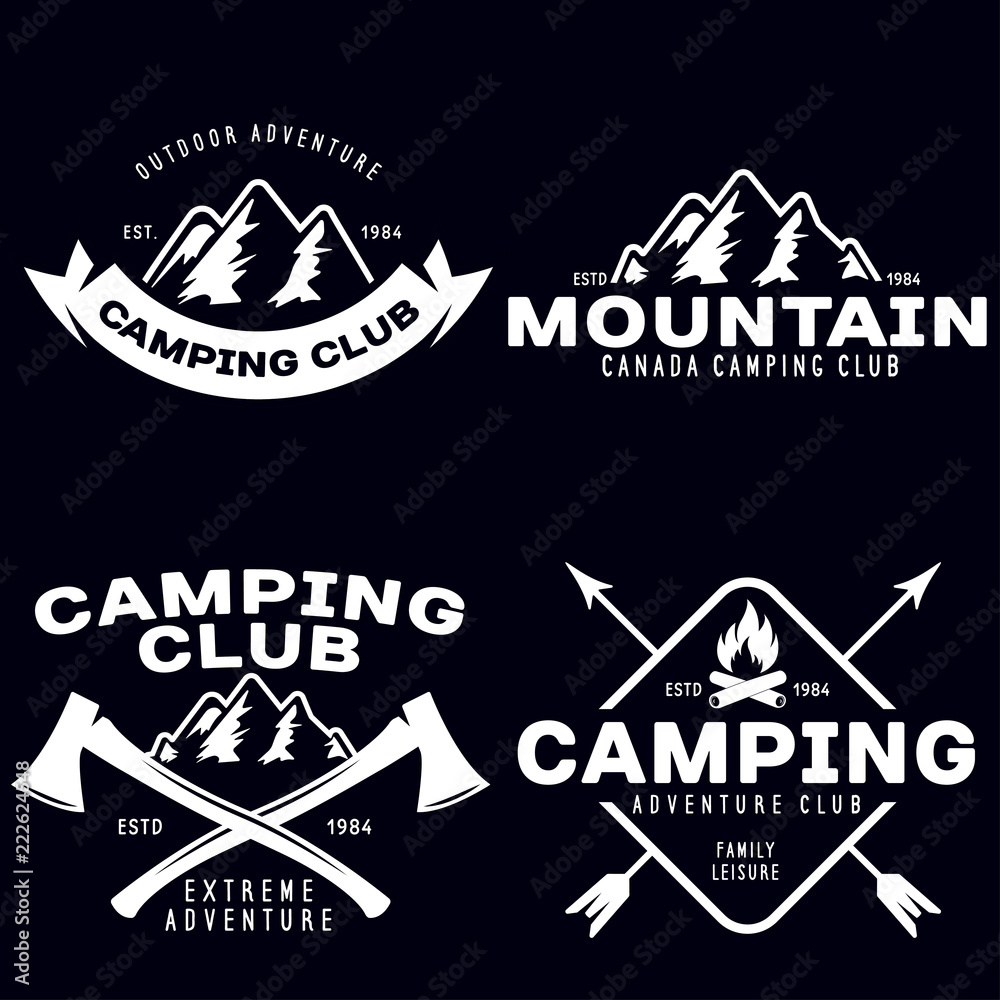 Summer camp with design elements. Camping and outdoor adventure emblems. Vintage typography design with mountain, axe and campfire silhouette.
