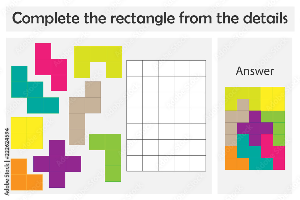 Puzzle game with colorful details for children, complete rectangle