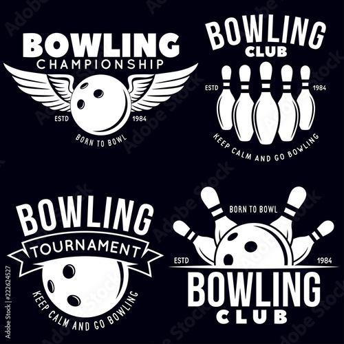 Set of vector vintage monochrome style bowling logo, icons and symbol. Bowling ball and bowling pins illustration. Trendy design elements.