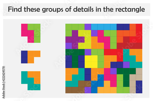 Puzzle game with colorful details for children, find groups of details, education game for kids, preschool worksheet activity, task for the development of logical thinking, vector illustration