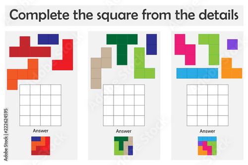 Puzzle game with colorful details for children, complete the square, level 2, education game for kids, preschool worksheet activity, task for the development of logical thinking, vector illustration