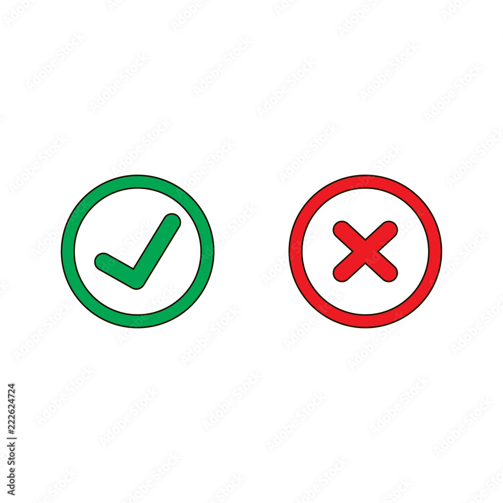 Tick and cross signs. Green checkmark OK and red X icons, isolated on white background Tick and cross signs. Green checkmark OK and red X icons, isolated on white background