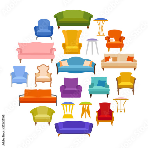 Banner with a set of sofas, armchairs, chairs, stools of various shapes and design. Vector illustration in a flat style. A composition of cushioned furniture.