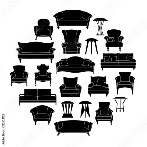 Silhouettes of different furniture for sitting. Black and white vector stencils. Sofas, armchairs, chairs and stools on a white background. Template.