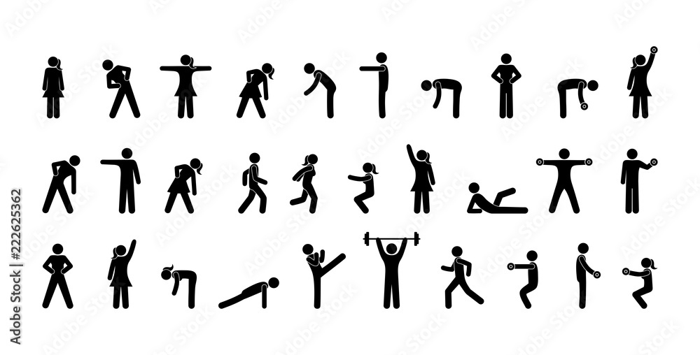 pictogram people, gymnastics, fitness and yoga, various poses and movements, men and women icon set, human silhouettes isolated pictogram people, gymnastics, fitness and yoga, various poses and movements, men and women icon set, human silhouettes isolated