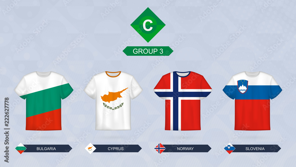 Football jersey with flag, teams of Leagua C, Group 3: Bulgaria, Cyprus,  Norway, Slovenia. Stock Vector | Adobe Stock